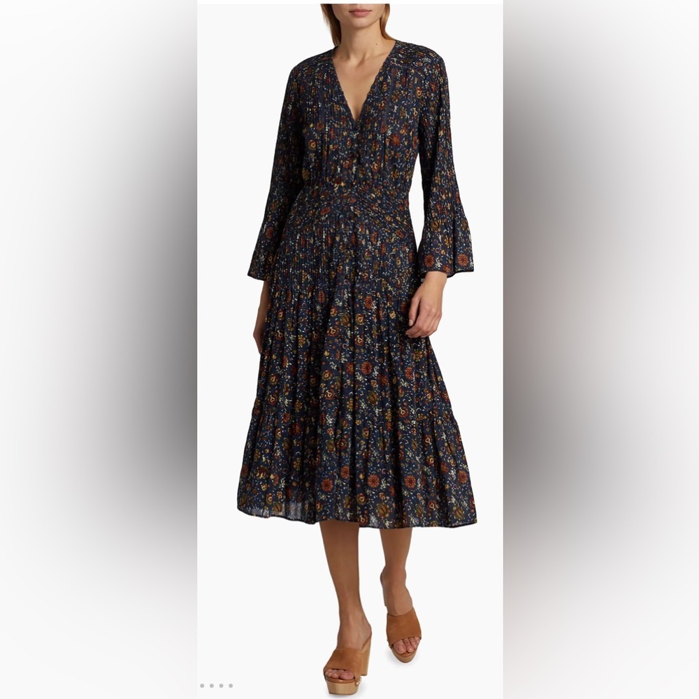 Veronica Beard ‘Shireen’ Pleated Ditsy Floral Midi Dress in Ink Blue Size 6